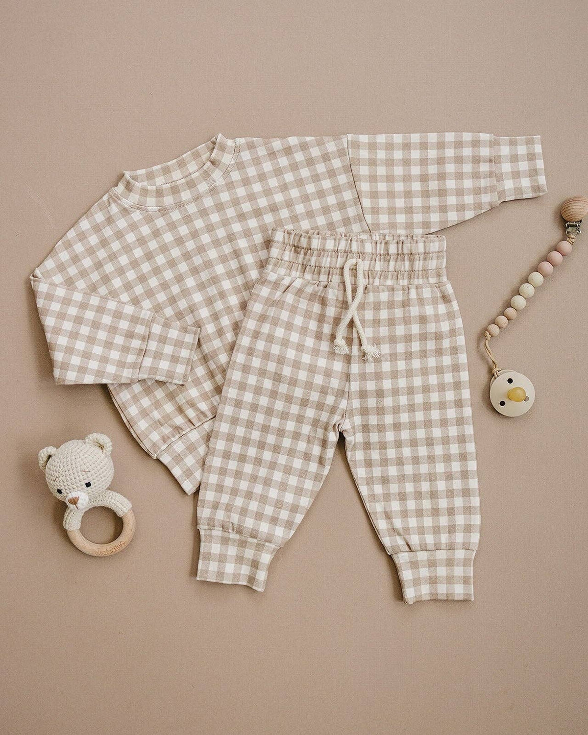 Beige Gingham Jogger Set
